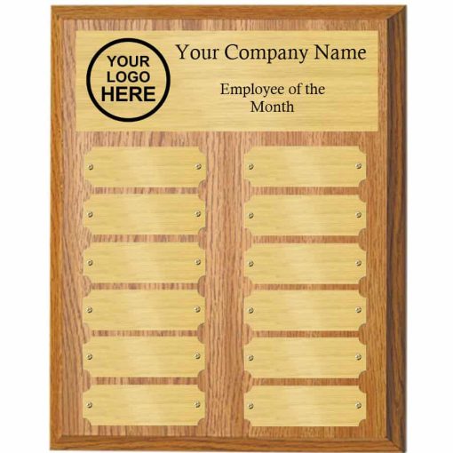 Oak employee of the month perpetual plaque with gold plates