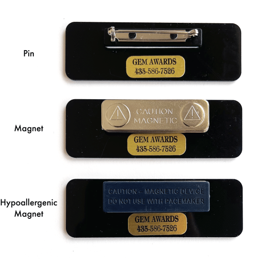 Name Tag Attachement Types. Magnetic & Pin Badges