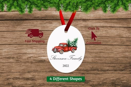 Family Christmas Ornament with Rustic Truck Oval