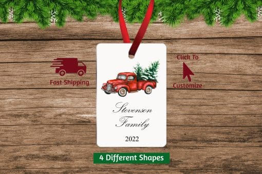 Family Christmas Ornament with Rustic Truck Vertical