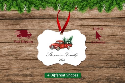 Family Christmas Ornament with Rustic Truck Scallop